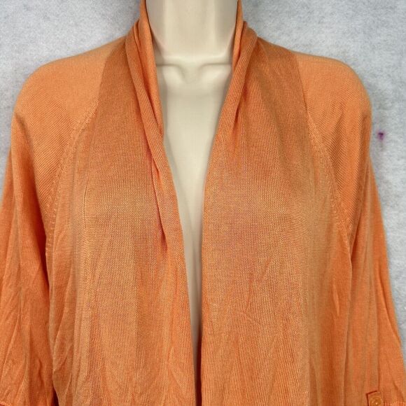 Chico’s Open Cardigan Sweater Sz 3 (XL/16) Orange Lightweight Pocket Tab Sleeves - Picture 3 of 13